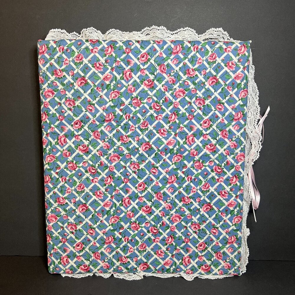 VTG Handmade Blue Pink & White Fabric Rose Print Lace Trim Picture Photo Album